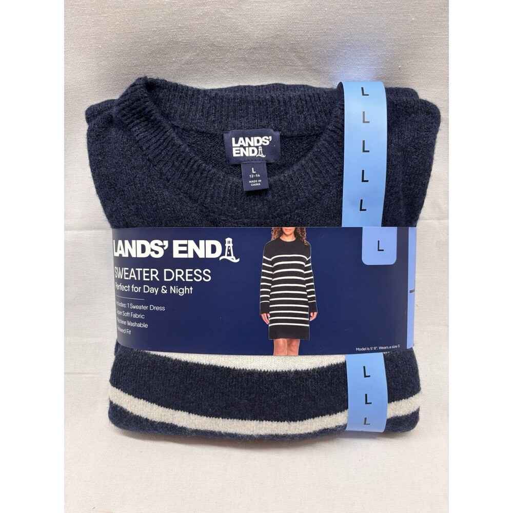 Lands’ End Sweater Dress Women’s Large Navy White Striped Long Sleeve NWT
